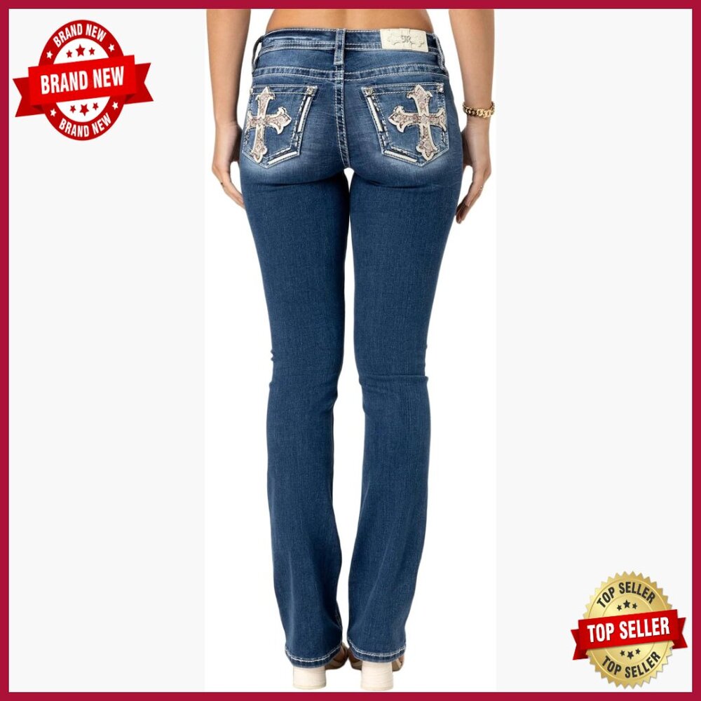 Mid-Rise Bootcut Jeans with Rhinestone Details, 34" Inseam